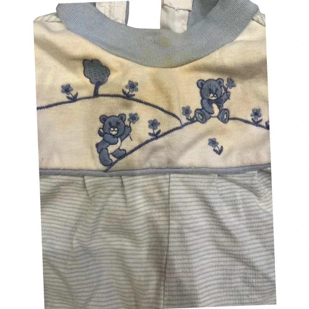 Vintage Toddle‎ Tyke Baby Romper Blue Bear Embroidered Striped Made USA Newborn